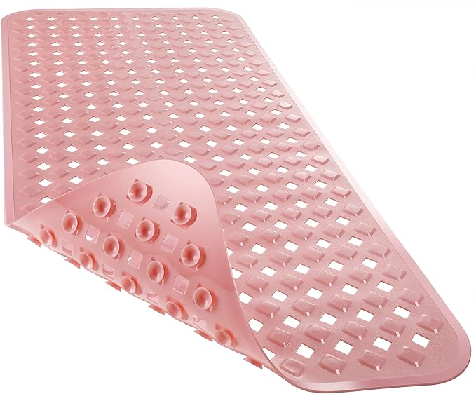 Yimobra Bathtub Mat Non Slip, Super Strong Suction Cups, 27.5"x15.5" Long Shower Mat with Drain Holes, Machine Washable Fast Draining Bath Mats, Bathroom Essentials,Pink