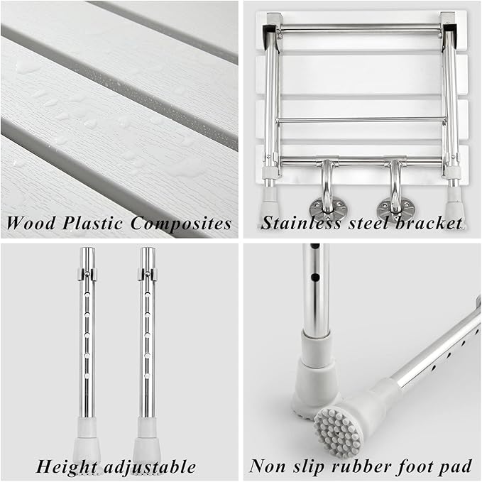 Folding Shower Seat Wall Mounted with Legs, Foldable Shower Chair for Inside Shower, Fold Down Shower Bench for Seniors (White, Height Adjustable)