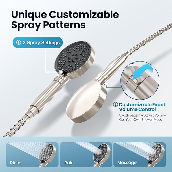 Rainshower Head with Handheld Spray, Retrofit Shower System with Solid Brass Connecter, High Pressure Shower Head with Adjustable Holder& Tub Spout, 60" Stainless Steel Hose, Brushed Nickel