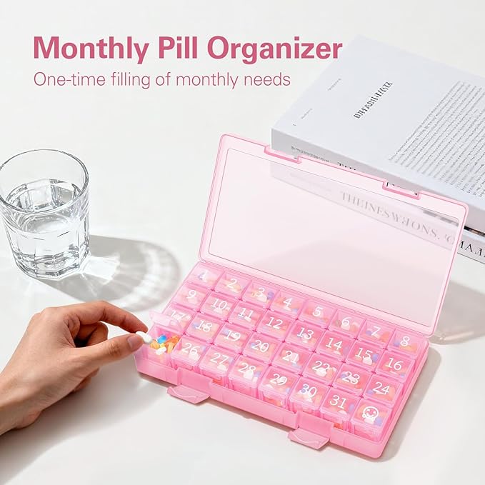 Barhon Monthly Pill Organizer 1 Time a Day, 30 Day Pill Organizer Once a Day, One Month Pills Box for Travel, Pink Medicine Pill Box for Vitamins, Supplements & Fish Oils