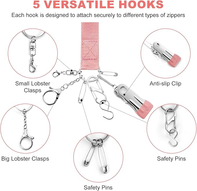 Zipper Helper Pull for Dresses 2 Pack Zipper Puller Helper with 5 Different Types Hooks Dress Zipper Pull Helper Assistant for Elderly and Pregnant Women(Pink)