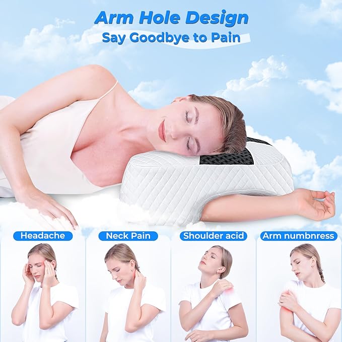 SAHEYER Side Sleeper Pillow with Arm Hole, Upgraded Memory Foam Shoulder Pillow for Neck Pain Relief, Adjustable Multi-Angle Arm Tunnels Support for Adults Pressure-Free Sleep (Black)