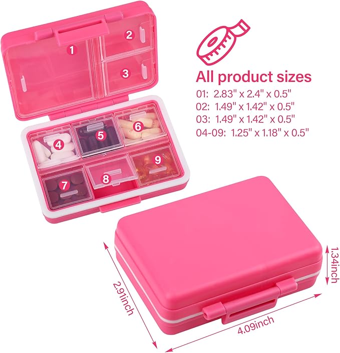 9-Grid Pill Organizer,Portable Pill Box,Large Capacity Compartments,Travel Pill Container,Medicine Dispenser,Pill Purse,Pill Case for Vitamins, Fish Oils or Supplements(Rose)