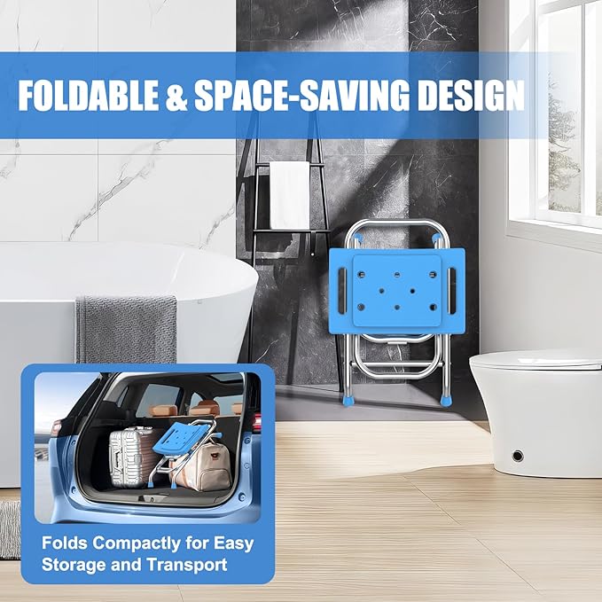 Height Adjustable Folding Shower Chair Seat, Stainless Steel Shower Chair for Inside Shower w/Crossbar, 420LB Portable Travel Shower Stool, Safety Anti-slip Bath Chair for Seniors, Adults,Blue