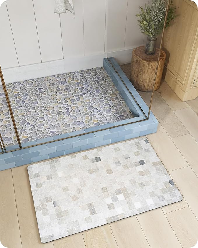 LUMI Ultra Thin Bath Mat, Super Absorbent Quick Dry Bathroom Rugs, Non-Slip Bathroom Mats, Marble Bathmats Fit Under Door, Bathtub, Sink, Shower Room, 17"x30", Beige Checkered