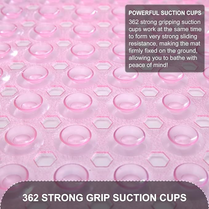 TEESHLY Bath Tub and Shower Mats, Non Slip 40 x 16 Inch Extra Large Bathtub Mat, Machine Washable Bathmat with Drain Holes, Suction Cups for Bathroom Floor, Clear Pink