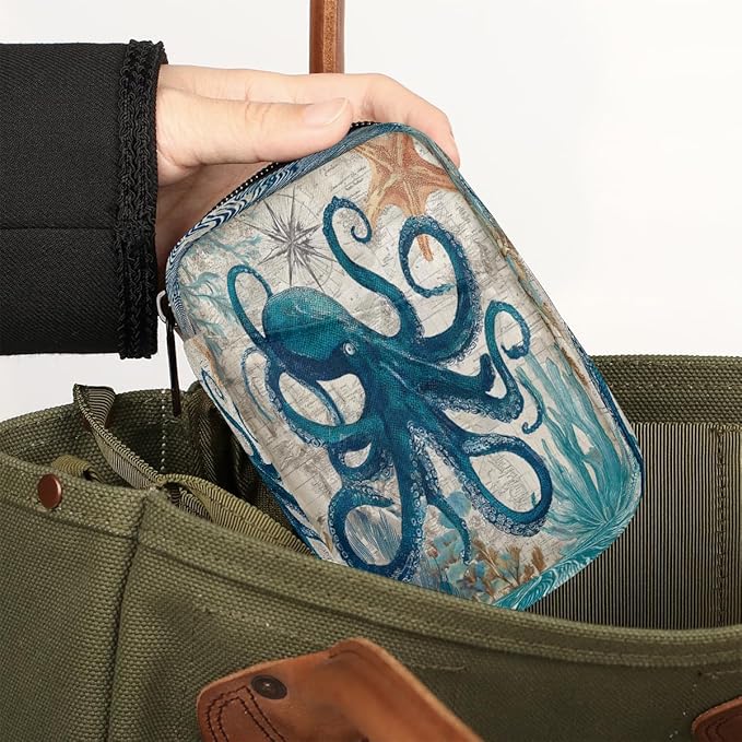 Weekly Travel Pill Organizer Case for Purse with Removable 7 Day Box Portable Compact Size Pill Box Fashionable Pill Container for Medicine Vitamin Supplement Vintage Sea Octopus