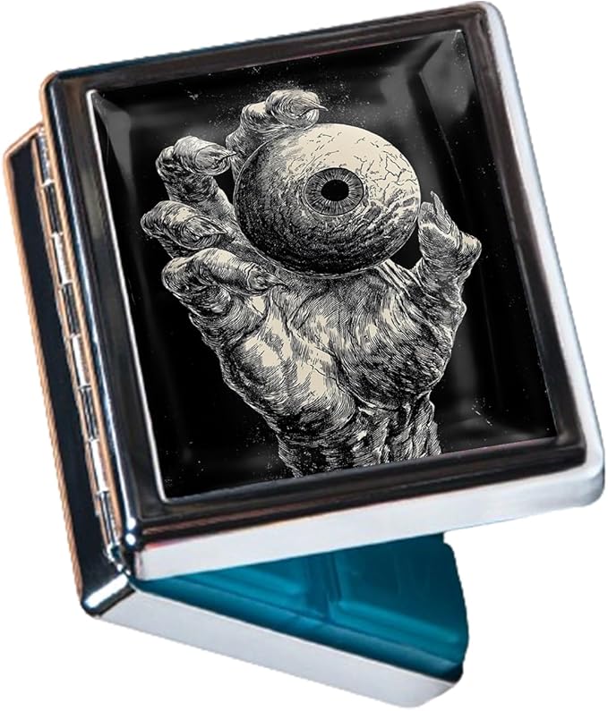 Metal Pill Organizer Box with Mirror – 8 Compartment Chrome Pill Case, Pocket-Size Travel Pill Container for Vitamins, Seniors, Daily Use (Grayscale Horror Eyeball)