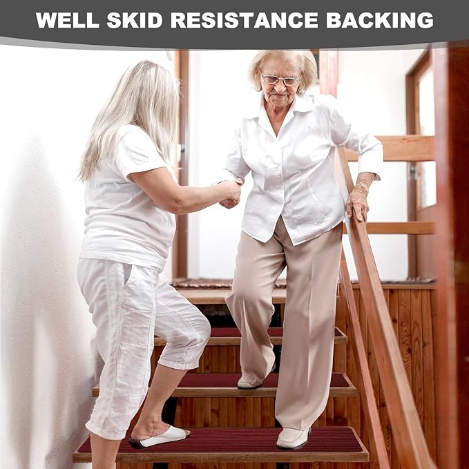 Stair Treads for Wooden Steps - Non Slip Stairs Carpet Tape Peel and Stick with Double Adhesive Tape Set of 15 Stripe- Dark red