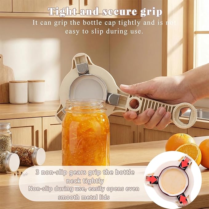 Adjustable Jar and Bottle Opener for Weak Hands & Seniors, 4-in-1 Stainless Steel Lid Remover with 3 Non-Slip Clamps, Multi Size Tool for Jars, Cans & Wine Bottles, Kitchen Helper