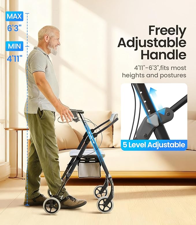 VOCIC Walkers for Seniors, Z11 Rollator Walker with Seat, Max 380 lbs, Avant Walkers with Ergo Seat & Backrest, Foldable Rollator Adjustable Height, All Terrain Walker, Lightweight