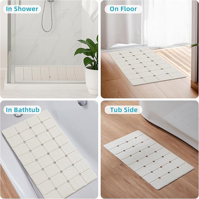 Yanzifly Non-Slip Silicone Bathtub Mat – Foldable, Machine Washable, Durable & Eco-Friendly Bath & Shower Mat with Strong Suction Cups, Large Drain Holes, Ideal for Family Use, 14.9 x 27.5in, Beige