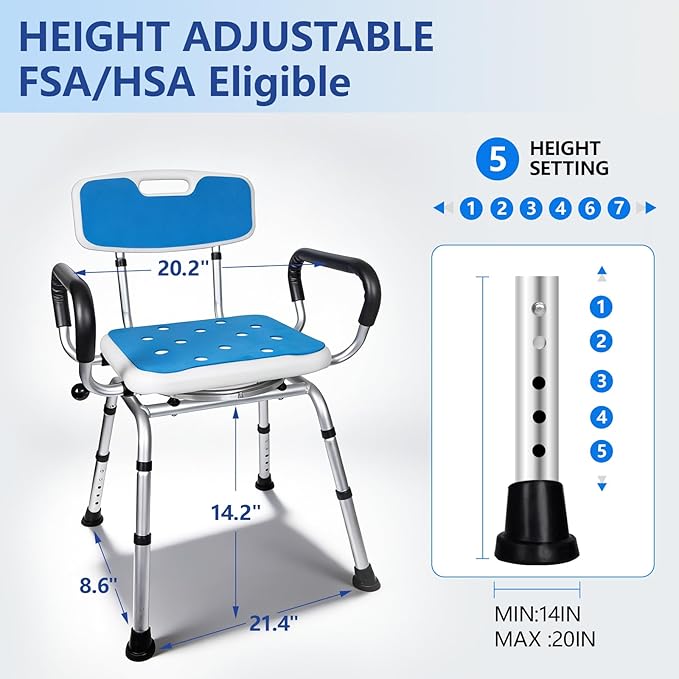 Swivel Shower Chair 500 lbs Heavy Duty Shower Chair for Elderly and Disabled - Height Adjustable Inside Shower Chair with Arms & Back - 360° Rotating Shower Bench Seat for Bathtubs