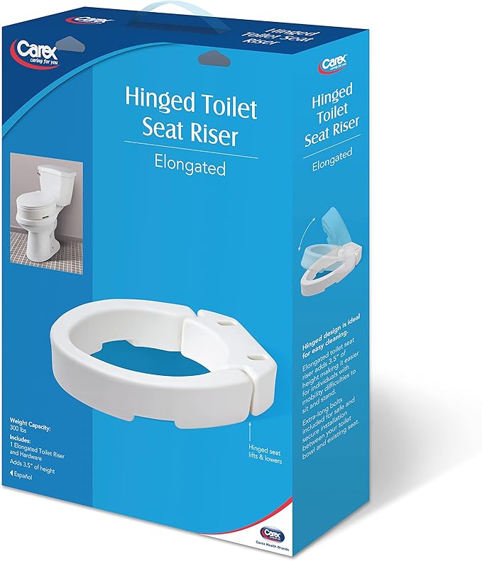 Carex Health Brands Hinged Elongated Toilet Seat Riser, Adds 3.5 Inches of Height to Toilet, 300 Pound Weight Capacity, Raised Toilet Seat, White (FGB32100 0000)