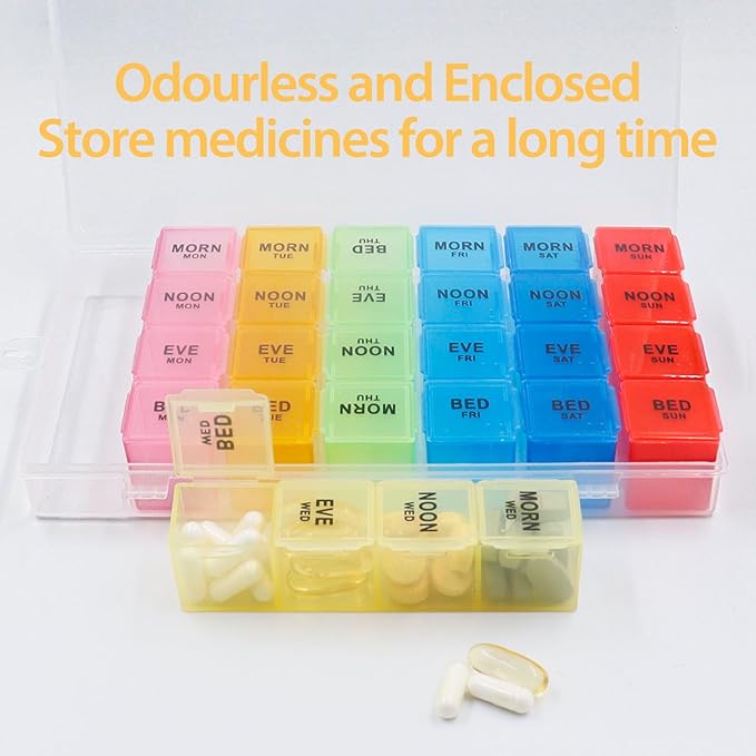 Extra Large Pill Box Weekly Pill Organizer 4 Times a Day, 7-Day Pill Boxes and Organizer, Big Compartments Pill Case, Monthly Medication Organizer 28 Days Dispenser for Fish Oils