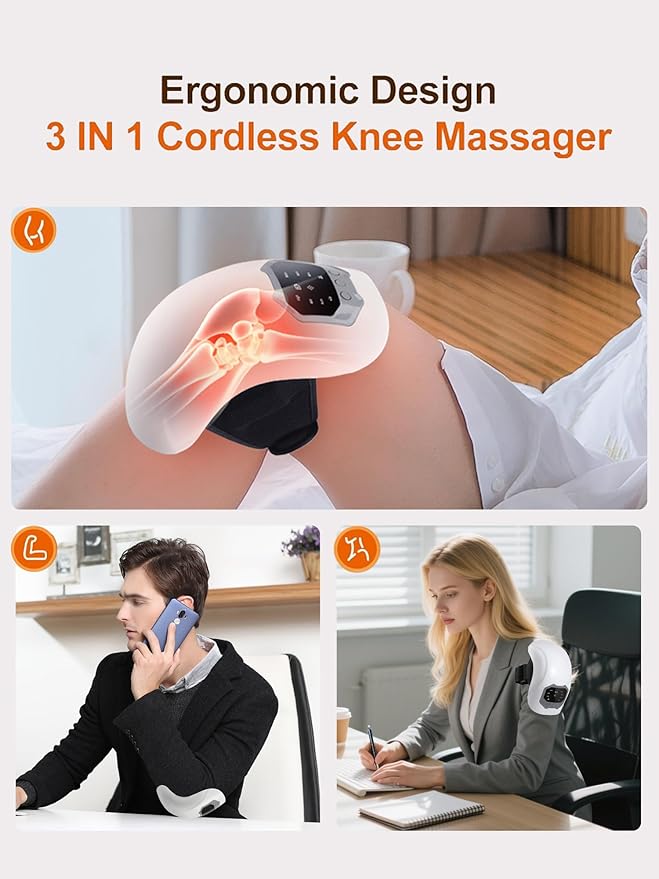 Cordless Portable Knee Massager with Heat, 3 Vibration Modes, 3 Heating Levels for Pain Relief, LED Screen and Adjustable Straps, Gifts for Adults, Mom,Women and Men