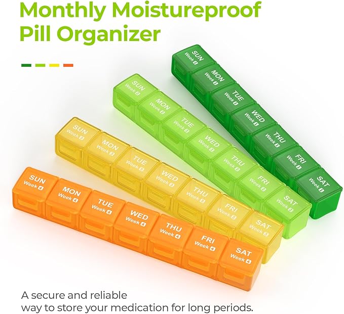 AUVON Moisture-Proof Monthly Pill Organizer, Large 28 Days Pill Box Case with Removable 4 Weeks Medication Organizer Rows, Travel-Friendly to Store Fish Oils, Vitamins, Supplements, Medications