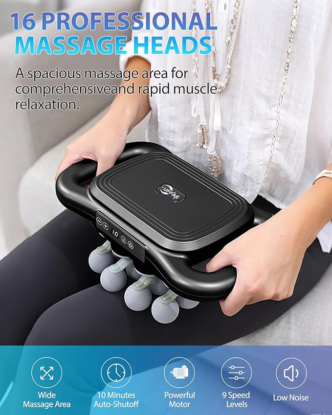 UFFAE 16-Head Massage Gun, Deep Tissue Percussion Massager with 9 Modes & 9 Intensities, 2600mAh Battery Back Massager for Pain Relief Deep Tissue for Muscle Pain Relief in Back, Legs, Shoulders