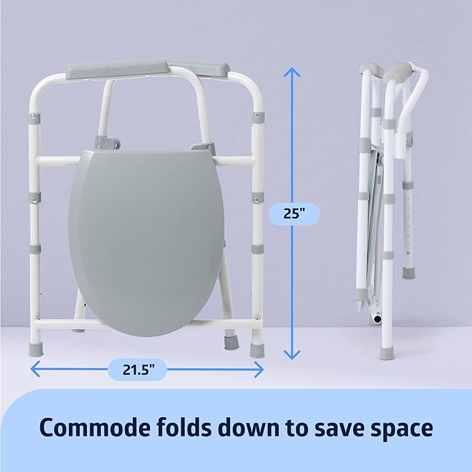 Medline 3-in-1 Steel Bedside Commode, Elongated Seat, Sturdy Folding Frame, 7.5 QT. Bucket, 350 lb. Weight Capacity, Clip-on Seat, Easy Cleaning, Tool-Free Assembly, Gray