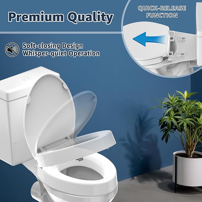 Huttdmel Raised Toilet Seat Elongated 18.5'' for Seniors – Soft Close, Quick Release & Connect, Sturdy PP Material, Won’t Loosen, Ideal for Elderly & Limited Mobility, White