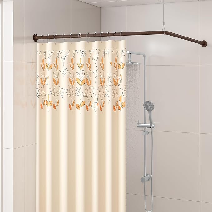 L Shaped Corner Shower Curtain Rod, 24"-37" x 24"-37" Adjustable 90 Degree Curved Bathroom Rod Square Rail No Sag with 12 Hooks & Ceiling Support - Coffee