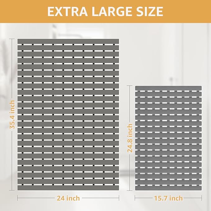 Yolife PVC Large Shower Mat, 35.4 × 24 Inch Non Suction Cup Non Slip Shower Floor Mat, Easy to Cut & Curlable Stand Up Shower Stall Mat, Heavy Duty Bath Shower Mats for Inside Shower