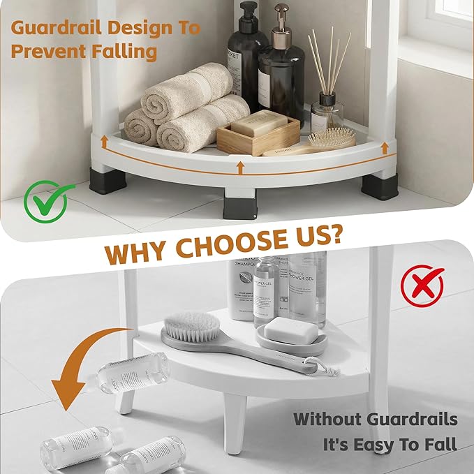 GallopFun Corner Shower Stool for Inside Shower, Waterproof Shower Bench for Shaving Legs, Plastic Anti-Fracture Shower Seat/Foot Rest with Baffle Storage Shelf, Rapid Assembly DIY Shelf (White)