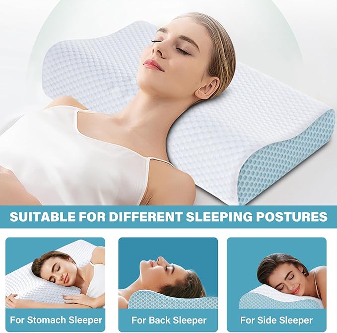 Memory Foam Cooling Bed Pillows for Sleeping, Ergonomic Cervical Pillow for Neck and Shoulder Pain Relief, Adjustable Cold Pillow,with Pillowcase（Blue）