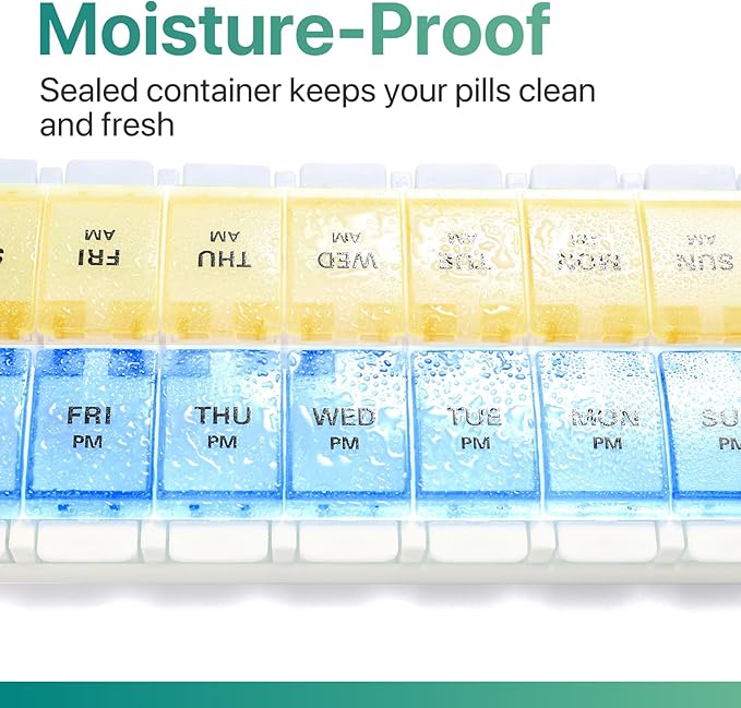 Sukuos AM PM Weekly Pill Organizer 7 Day, 2 Times A Day Medicine Pill Box with Easy Push Button, BPA Free Vitamin Cases for Fish Oil/Supplements, Easy to Clean (Yellow&Blue)