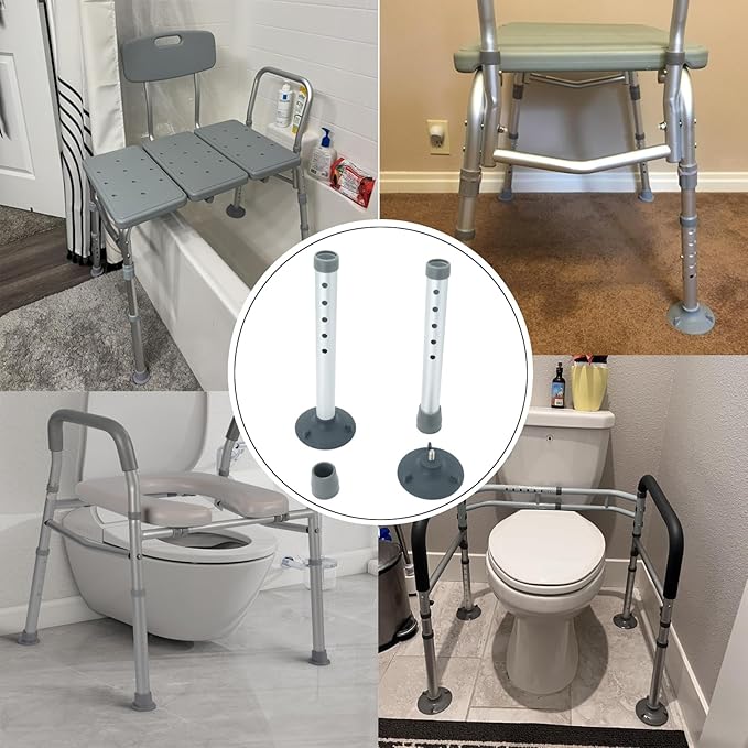 Universal Foot Tube and Suction Cup Tips for Toilet Safety Rail, Shower Chair, and Bath Bench - 5 Adjustable Heights, Replacement Suction Cup Tips and Aluminum Tubes, Easy Install, 2 Pack