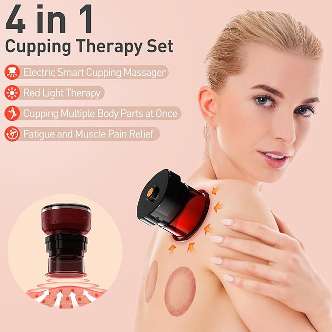 UBALANCE Cupping Kit for Massage Therapy, Cupping Therapy Set 6 Cups, Electric Smart Cupping Machine, 4 in 1 Negative Pressure Massager with 12 Modes for Fatigue Relief, Red