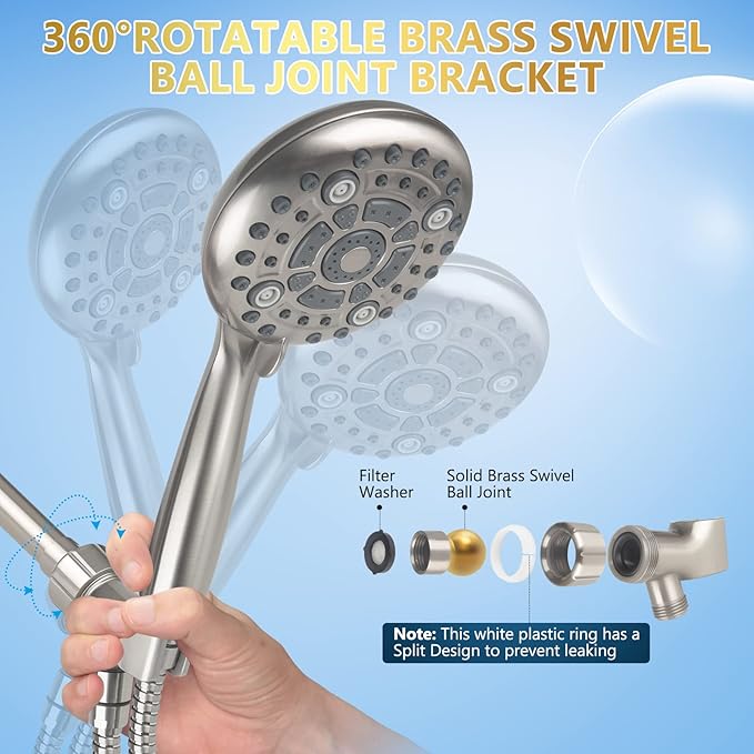 6 Spray Modes High Pressure Handheld Showerhead Set Upgraded 5 Inches Shower Head with Handheld Spray Brushed Nickel Handheld Shower Head 60 Inches Stainless Steel Hose-1-Min Install