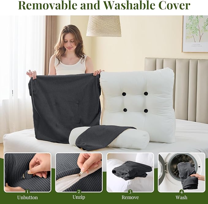 Sasttie Wedge Pillow Set, 2PCS Reading Pillow for Sitting, Bed Wedge Pillow Headborad for Sleeping, After Surgery, Acid Reflux, Leg and Back Support, with Neck Cushion, 23"x11.5"x23", Dark Grey
