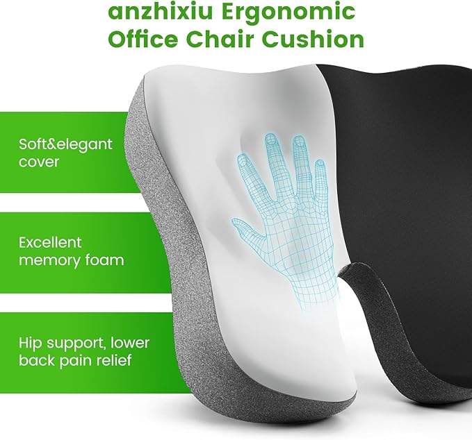 anzhixiu Wheelchair Seat Cushion, Deep U Relieve Sciatica, Back, Coccyx, Hemorrhoids Pain- Slope Curve Office Chair Cushion for Long Sitting Time- Black/Gray