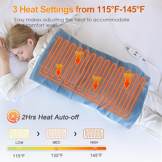 Massaging Heating Pad for Back Pain Cramps Relief,18"x33" Weighted Heating Pad XXL for Neck and Shoulders,4.85lbs Heated pad with 3 Heating Levels,Gifts for Women Men (Blue)