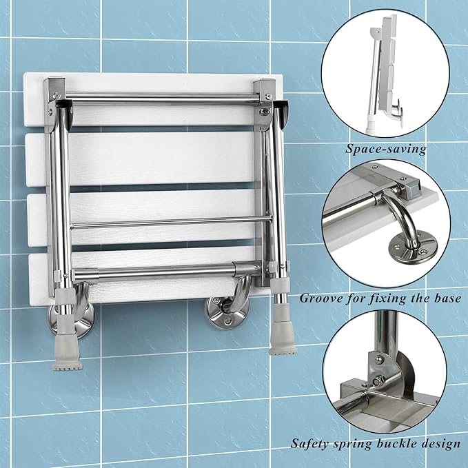 Folding Shower Seat Wall Mounted with Legs, Foldable Shower Chair for Inside Shower, Fold Down Shower Bench for Seniors (White, Height Adjustable)