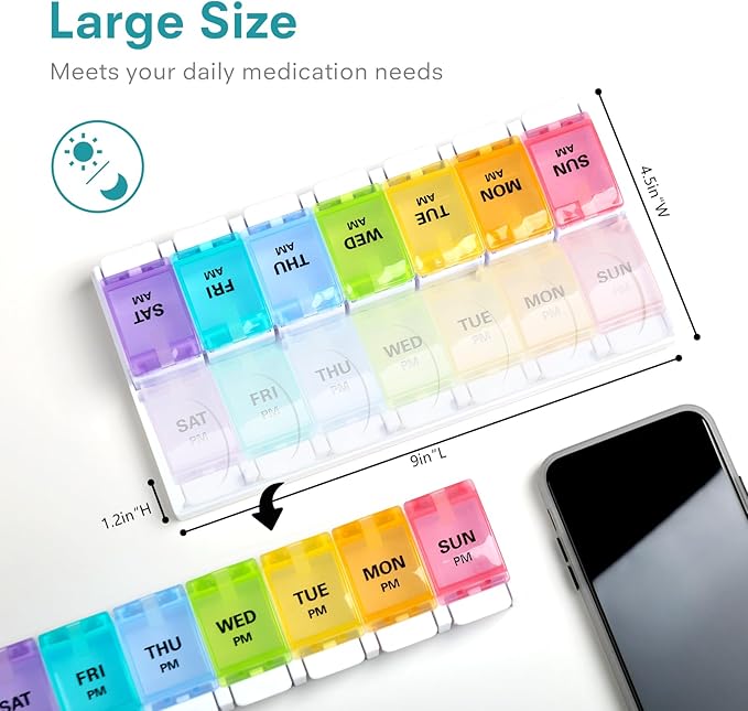 Sukuos AM PM Weekly 7 Day Pill Organizer, 2 Times A Day Pill Box with Arthritis Friendly Push Button, Medicine Cases for Vitamin/Fish Oil/Supplements, Easy to Clean (Black&White)