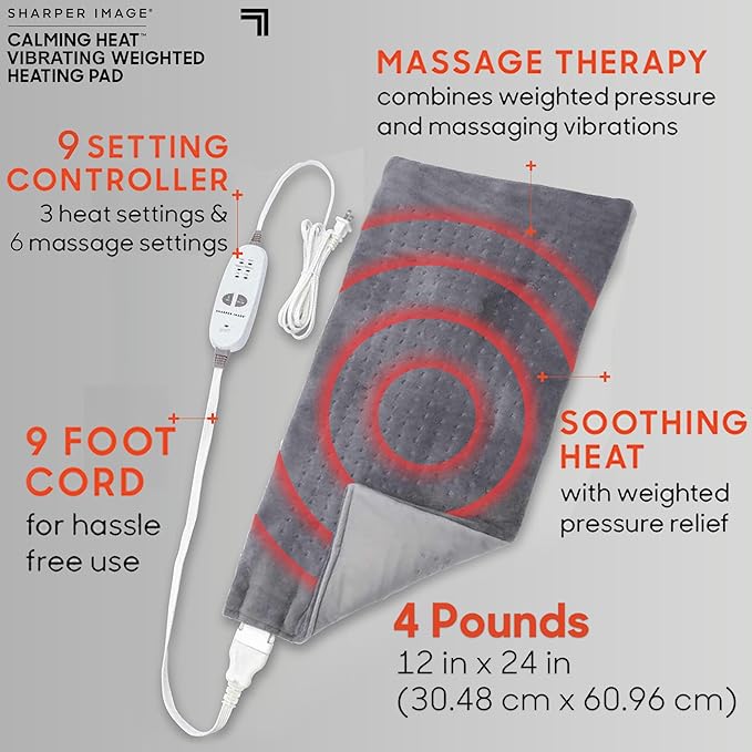 Calming Heat Massaging Vibrations Weighted Heating Pad by Sharper Image | Temperature Settings, Auto Shut-Off Feature, Gift for Holidays, Women & Men | 3 Heat, 6 Massage, 12” x 24”, 4 lbs