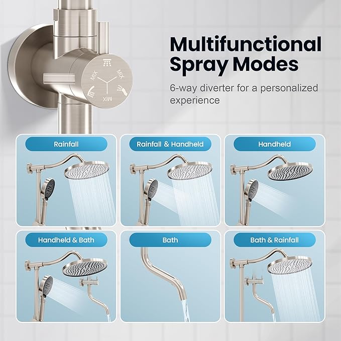 Rainshower Head with Handheld Spray, Retrofit Shower System with Solid Brass Connecter, High Pressure Shower Head with Adjustable Holder& Tub Spout, 60" Stainless Steel Hose, Brushed Nickel