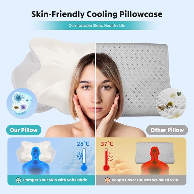 DUMOS Cervical Pillow for Neck and Shoulder, Contour Memory Foam Pillow, Ergonomic Neck Support Pillow for Side Back Stomach Sleepers with Pillowcase