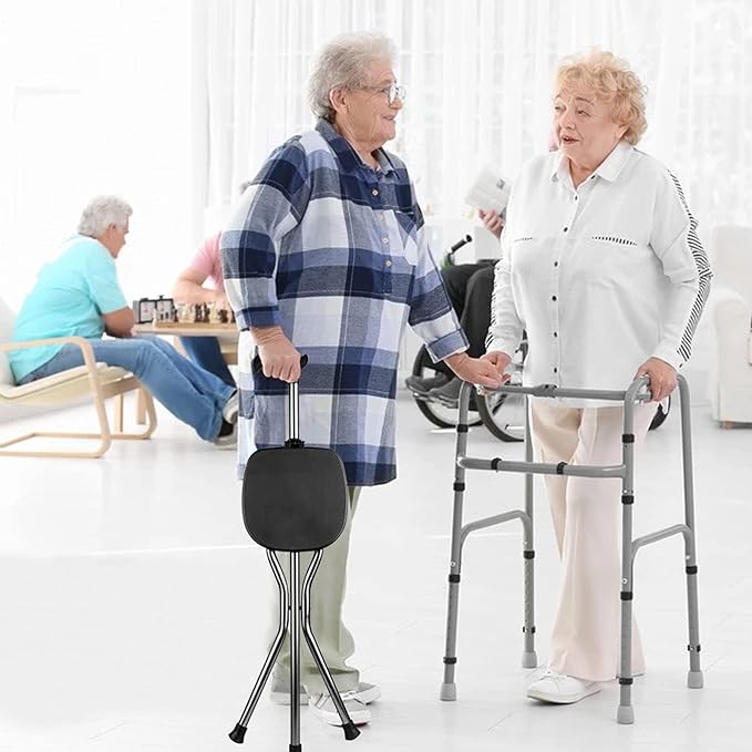 Yayayo Hold 440 lbs Folding Canes with Seat Walking Stick Height Adjustment Cane Seat Capacity Frosted Handle with Magnetic Therapy Stone Crutches Stool