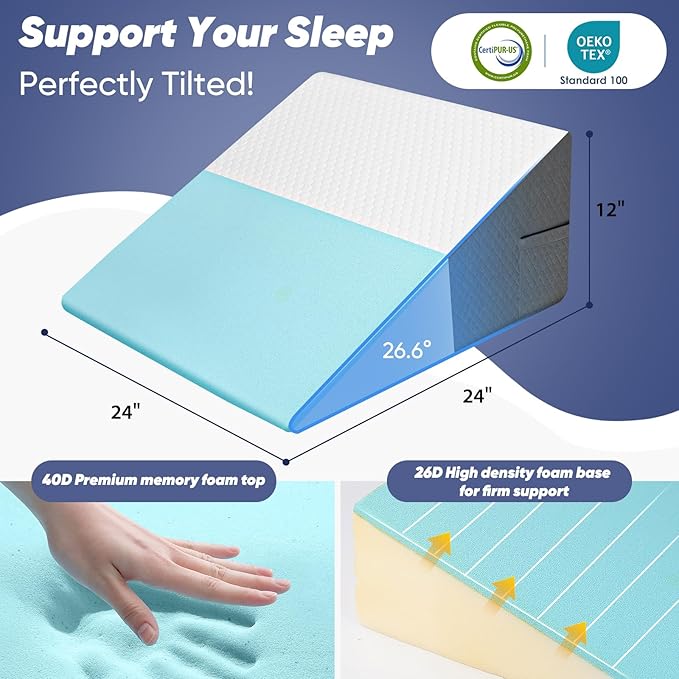 12 inch Bed Wedge Pillow for Adults Seniors, Cooling Memory Foam Incline Pillow for Sleeping, Reading & Resting, Back Support and Leg Elevation, Ideal for Couch, Bedroom & Living Room