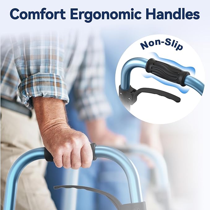 Folding Walker for Seniors, Compact Rolling Walker with Basket and 2 Skis, Lightweight Aluminum Standard Walker Adjustable Height Supporting Up to 350lbs, Blue