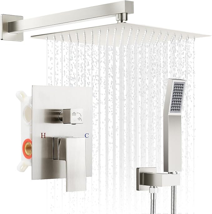 Brushed Nickel Shower Faucet Set, 10 inch Rain Shower System w/Pressure Balance Valve, Wall Mounted 2-Functions Bathroom Shower Systems w/Rain Shower and Handheld Spray Shower Trim Included