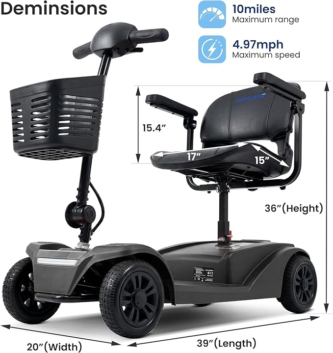 WayCare 15-25 Miles Long Range Mobility Scooter,Weight Capacity 300 LBS+ Powered Mobility Scooters for Seniors, Compact Duty Mobile for Travel with LED Headlight and Detachable Basket(Black)