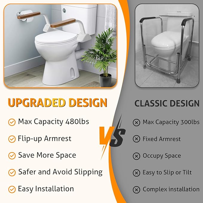 Toilet Safety Rails for Elderly, WICHEMI Toilet Rails for Seniors Adjustable Handicap Toilet Seat with Foldable Wooden Handles Heavy Duty 480LBS Toilet Assist Rails for Seniors, Handicap, Pregnant