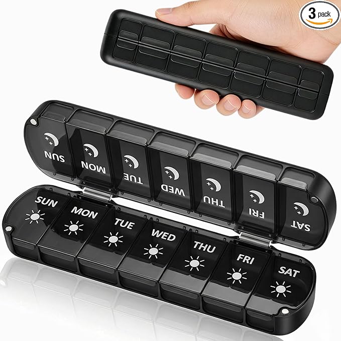Weekly Pill Organizer 2 Times a Day, Magnetic Foldable AM PM Pill Box with Dual Protection, Large Travel Medication Case for Vitamins, Fish Oils, Supplements (Black)