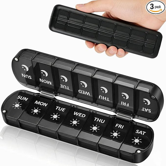 Weekly Pill Organizer 2 Times a Day, Magnetic Foldable AM PM Pill Box with Dual Protection, Large Travel Medication Case for Vitamins, Fish Oils, Supplements (Black)