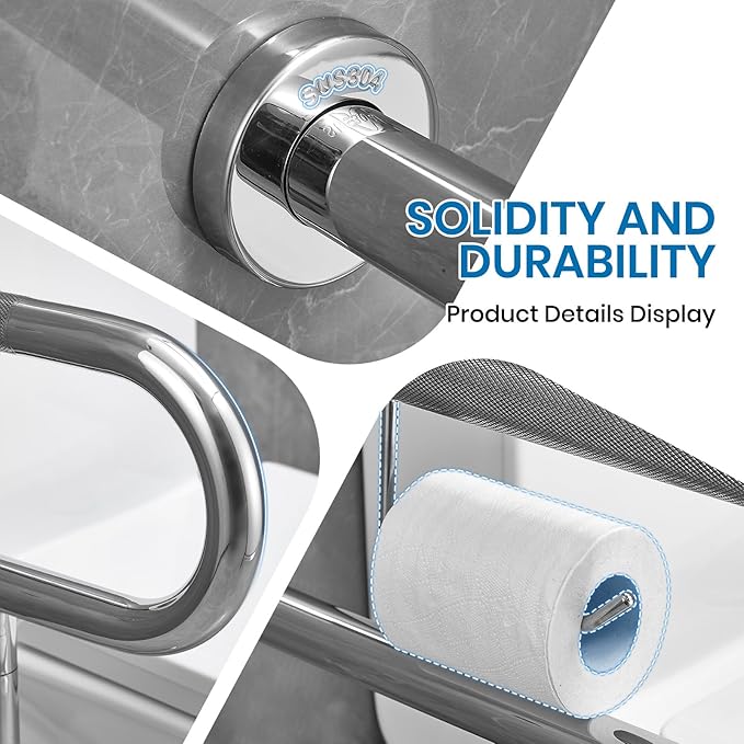 Toilet Grab Bar 24*27.5 Inch, Zynuhmo Anti-Slip U Shaped Support Rail with Paper Holder, SUS304 Stainless Steel Knurled Safety Handrails with Leg for Elderly Disabled Pregnant(1.25'' Dia Tube, Chrome)