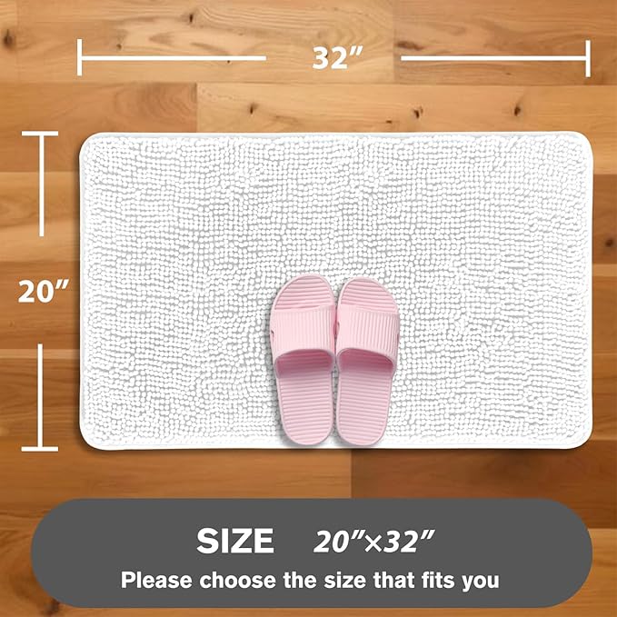 White Bathroom Rugs – Absorbent and Washable Bath Mat, Non-Slip, Thick Soft Chenille Bath Rugs for Bathroom Floor, Shower, Sink - 20" x 32"